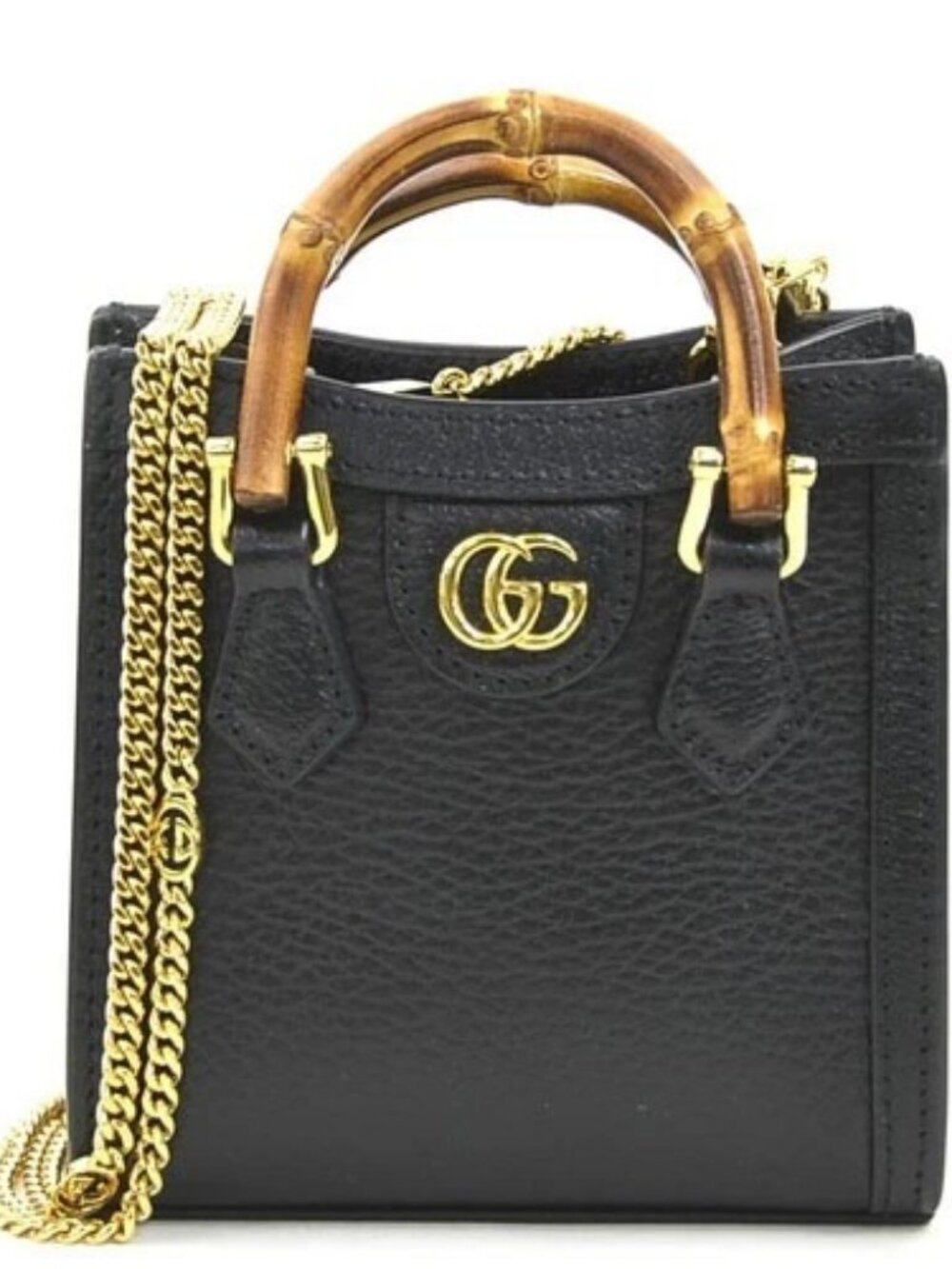 Auth GUCCI Diana Handbag Shoulder Bag Black/Gole Leather/Metal - 90229a